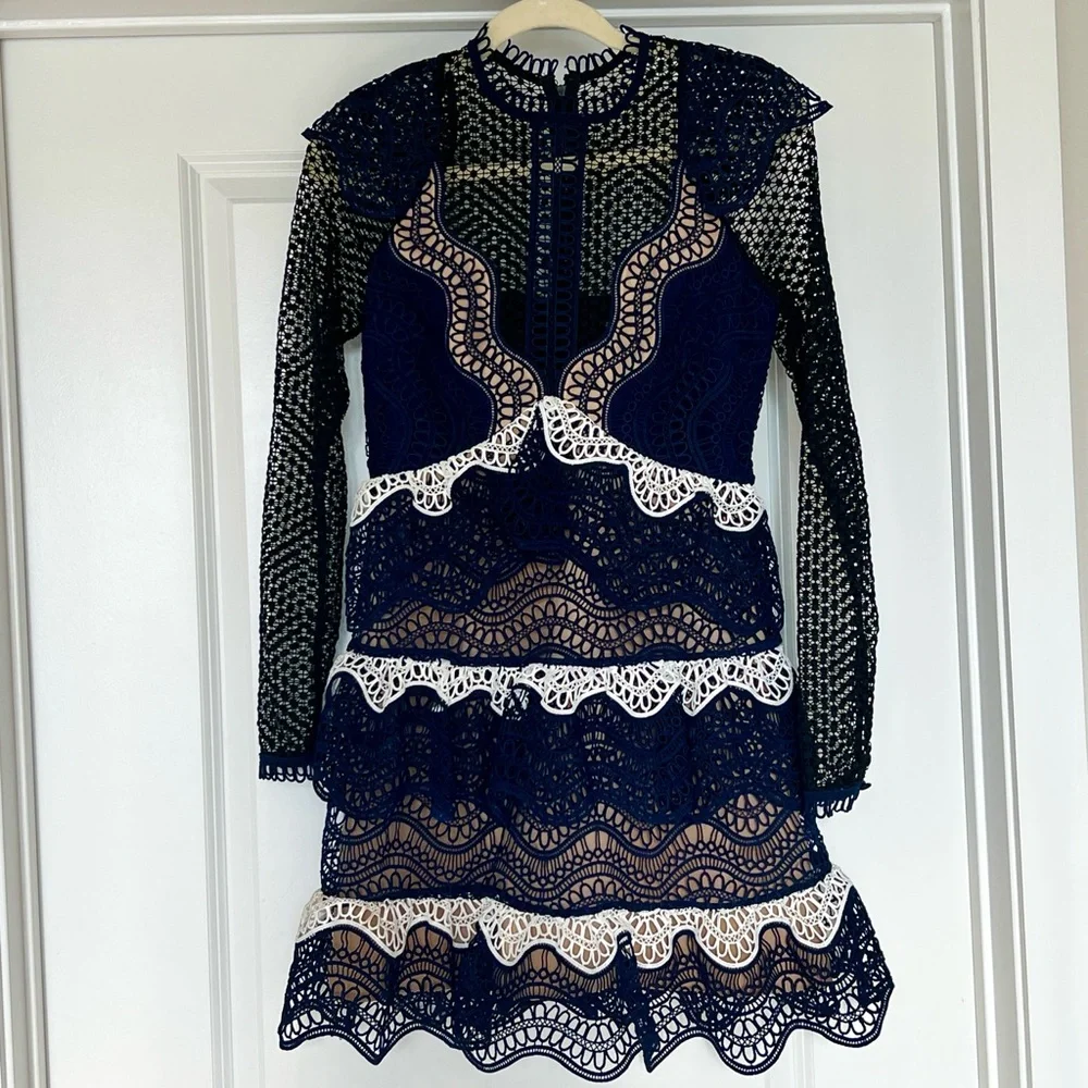 Self-Portrait Wave Guipure Mini Dress Navy US Size 4 - Picture 2 of 10